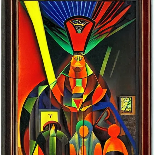 Image similar to the shaman of the subway, an art deco painting by leo and diane dillon and diego rivera, dramatic lighting, god rays, smooth, sharp focus, art brut, outsider art