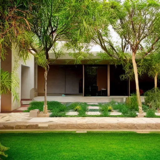 Prompt: a beautiful desert house with flowing green garden around it