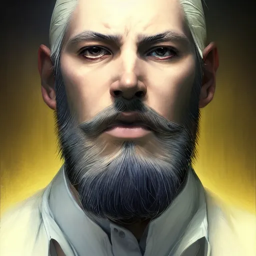 Prompt: portrait of a man with stylish white hair,an unusual beard and yellow eyes,character design by charlie bowater, ross tran, artgerm, and makoto shinkai, detailed, inked, western comic book art, 2021 award winning painting,digital art,art by greg rutkowski,photorealistic,highly detailed,hyperdetailed,hyperrealistoc,detailed face,surreal,fantasy,real life,cg society