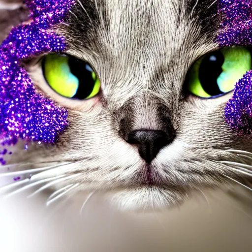 Prompt: a photo of an angry cat covered in glitter, highly detailed, photorealistic