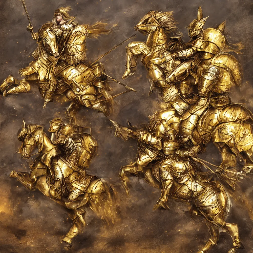 Prompt: a horse in golden armor and an armored knight with a spear riding on it, high resolution photo, dramatic