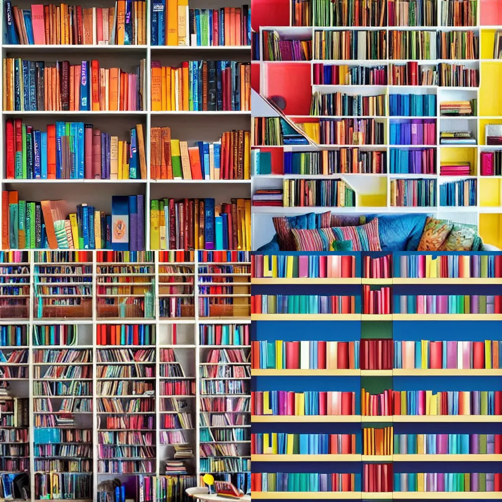 Prompt: A bookshelf with colorful books, which are arranged by color.