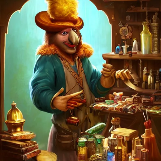 Image similar to Anthropomorphized parrot trader in his shop, selling a gem, portrait, items, magic potions, carpet, window, fancy hat, sly expression , cunning expression, cute expression, presenting magic gem, D&D, fantasy, cinematic lighting, highly detailed, digital painting, artstation, concept art, smooth, sharp focus, illustration, warm light, cozy warm tint, magic the gathering artwork, volumetric lighting, 8k, art by Akihiko Yoshida, Greg Rutkowski