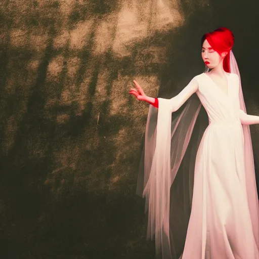 Image similar to ghost bride, white, long, flowing, translucent gown, vivid red colours, cinematic, in the style of zhang pang, first - person