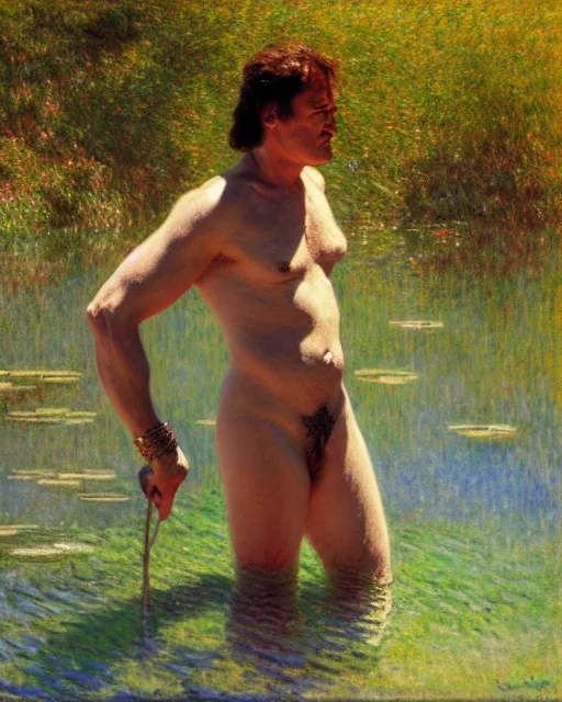 Image similar to quentin tarantino wading through a river, reflective water, painting by tom of finland, gaston bussiere, craig mullins, j. c. leyendecker, claude monet