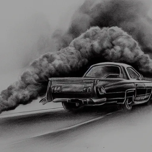 Prompt: car drifting, smoke coming from tires, man wearing thick leather jacket with hood, ink and charcoal sketch,