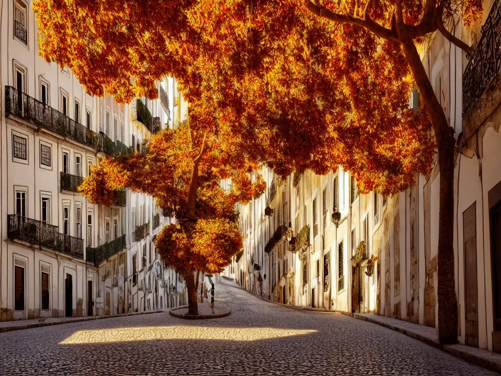 Image similar to a beautiful serene lisbon during autumn on a fine day, photorealistic, hyperdetailed, studio lighting, octane render, caustics