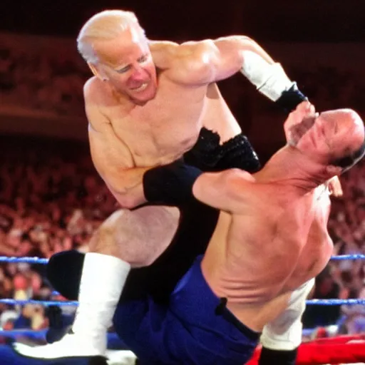 Image similar to joe biden getting body slammed at 1 9 9 9 wrestlemania