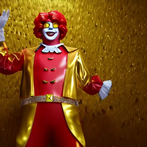 Image similar to A still of Ronald McDonald surrounded by gold and diamonds, Award-winning, photograph, 3d render, unreal engine, 4k detailed