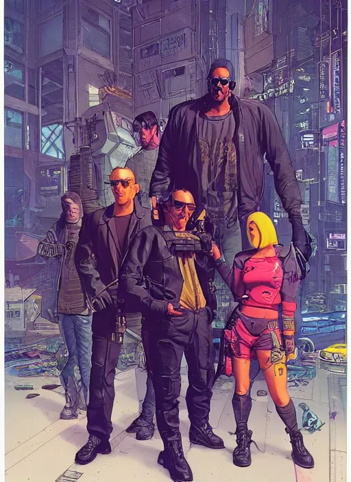 Image similar to cyberpunk heist crew. portrait by stonehouse and mœbius and will eisner and gil elvgren and pixar. character design. realistic proportions. dystopian. cyberpunk 2 0 7 7, apex, blade runner 2 0 4 9 concept art. cel shading. attractive face. thick lines.