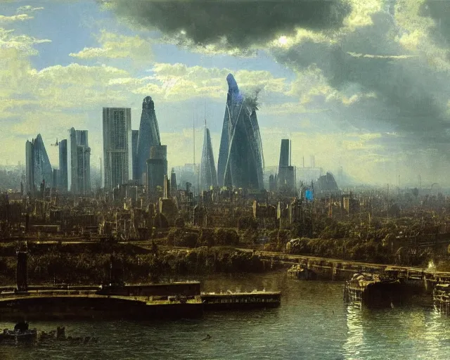 Prompt: albert bierstadt cityscape painting of london in fallout