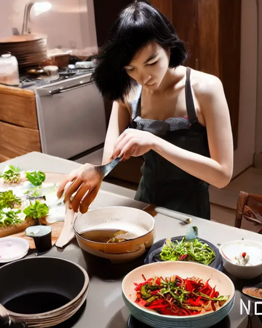 Image similar to wide shot photoshoot of tao okamoto preparing a meal, 8 k, photorealistic