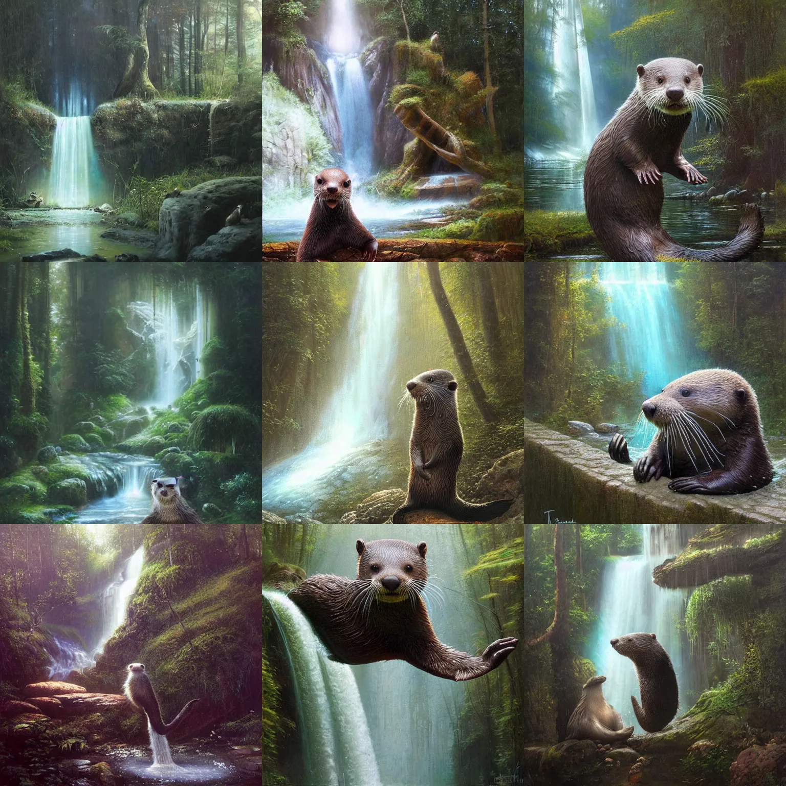 Prompt: A cute otter playing in front of a huge ethereal waterfall by Greg Rutkowski by Tomasz Alen Kopera and greg rutkowski