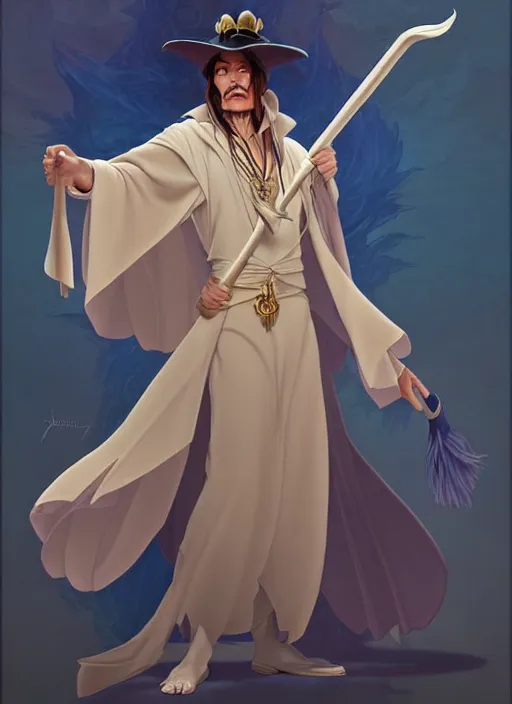 Image similar to elegant fantasy wizard based on johnny depp holding a broom natural lighting, path traced, highly detailed, high quality, digital painting, by don bluth and ross tran and studio ghibli and alphonse mucha, artgerm