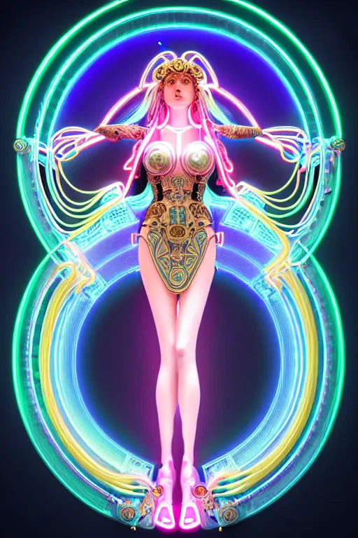 Image similar to symmetrical feminine solarpunk cyborg goddess rendered in Cinema 4D, elegant and ornate futuristic silk robes, held aloft by thousands of glowing neon wires, glowing white neon eyes, platinum and golden flowing long hair, art by Artgerm and Alphonse Mucha, hyperrealism, full body photogenic shot, digital render, cinematic lighting ornate earrings, 8k resolution, masterpiece work