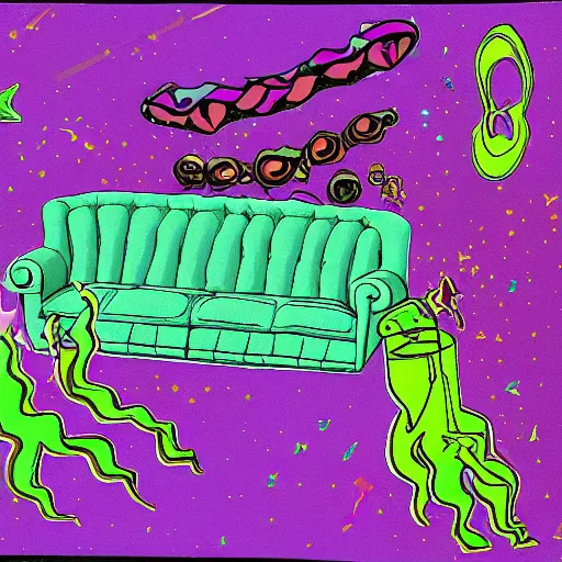 Image similar to couch sofa chesterfield flying through space psychedelic trippy eldritch horror cartoon