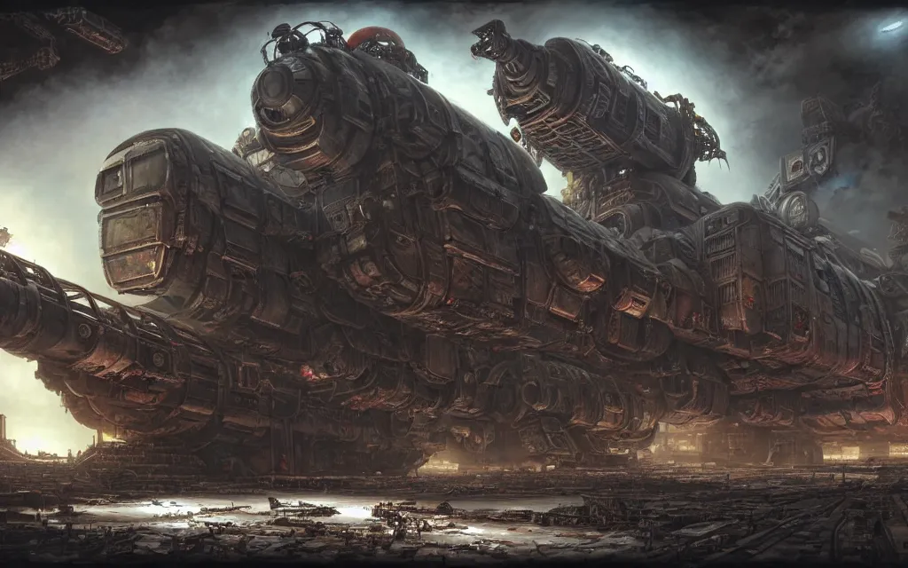 Image similar to a beautiful highly detailed matte painting of a huge derelict cargo starship, Space Hulk, WarHammer 40k by Jose Daniel Cabrera Pena and Leonid Kozienko, concept art