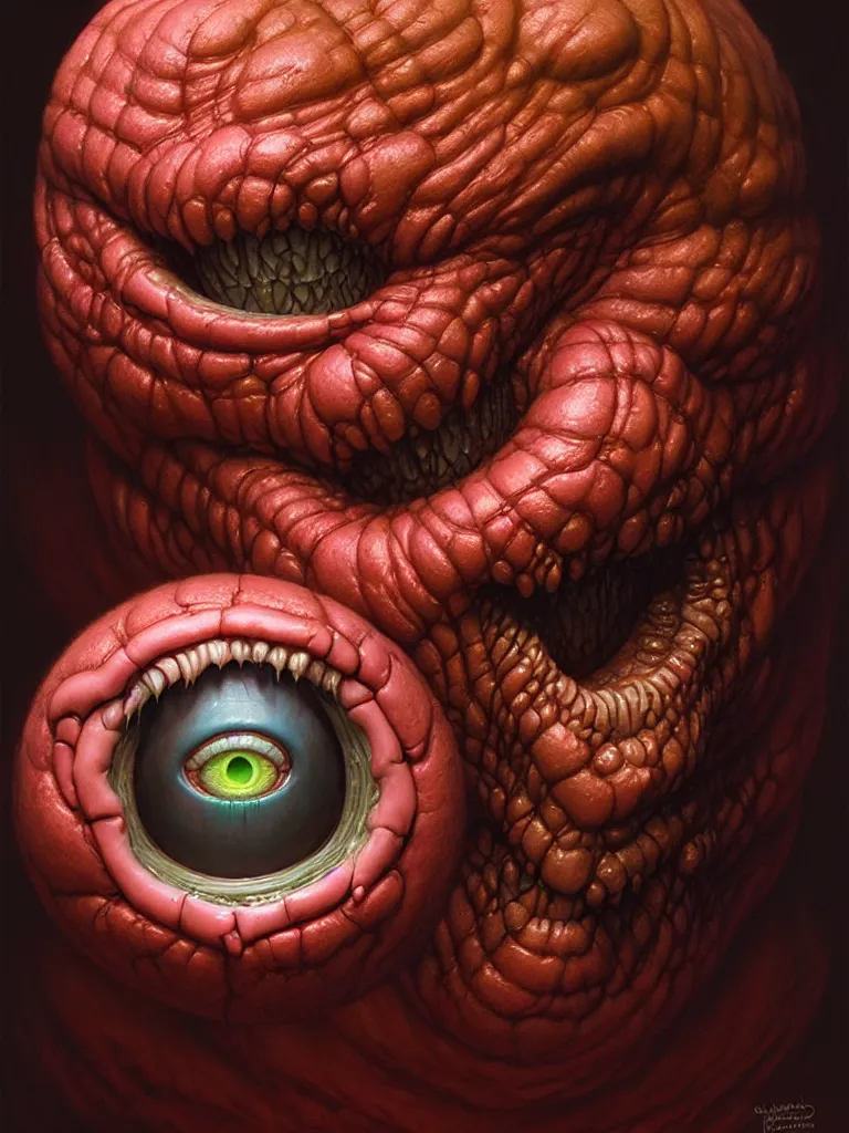 Image similar to hyperrealistic rendering, fat smooth cronenberg flesh monster d & d beholder by donato giancola and greg rutkowski and wayne barlow and zdzisław beksinski, eyeballs, lightning, magic runes, product photography, action figure, sofubi, studio lighting, colored gels, colored background