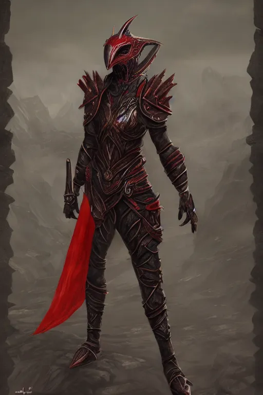 Image similar to female adventurer in tight full - body daedric leather armor of dunmer design with a red porcelain crow mask, trending in artstation, establishing shot