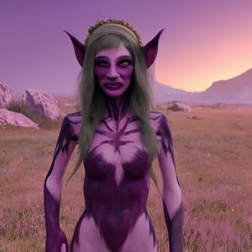 Image similar to a frightening, beautiful elf with violet skin, a scarred face, a bob haircut, and bushy eyebrows, grinning, with a burning vista behind them, in the style of gary frank and rafael albuqurque, rendered in unreal engine