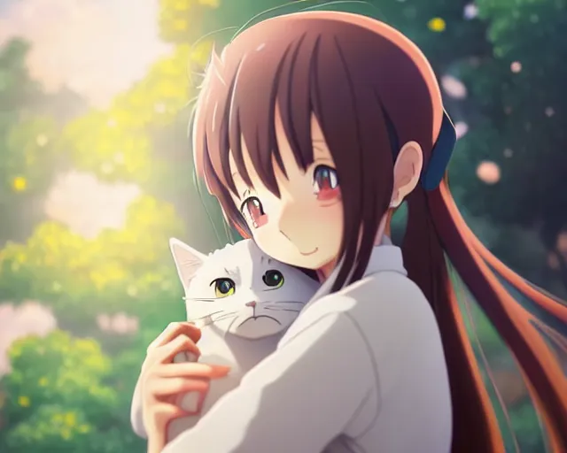 Image similar to anime fine details portrait of joyful girl hugging cat in school, bokeh. anime masterpiece by Studio Ghibli. 8k render, sharp high quality anime illustration in style of Ghibli, artstation