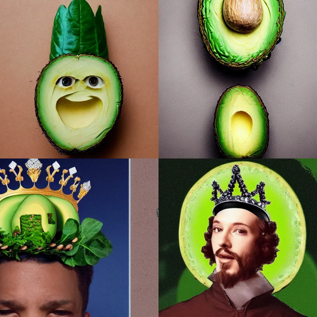 Prompt: a king wearing a crown made of avocado
