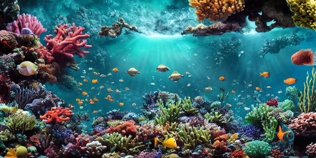 Prompt: underwater coral reef landscape, lo of fishes and other sea creatures, deep dark green, ultra high detailed, volumetric lightning, from taika waititi movie