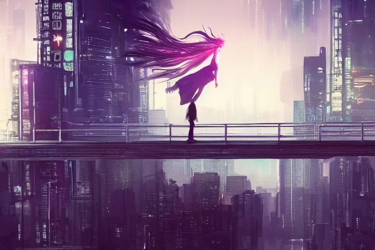 Prompt: a beautiful picture of a girl standing on top of a bridge over a city, cyberpunk art by vincent lefevre,