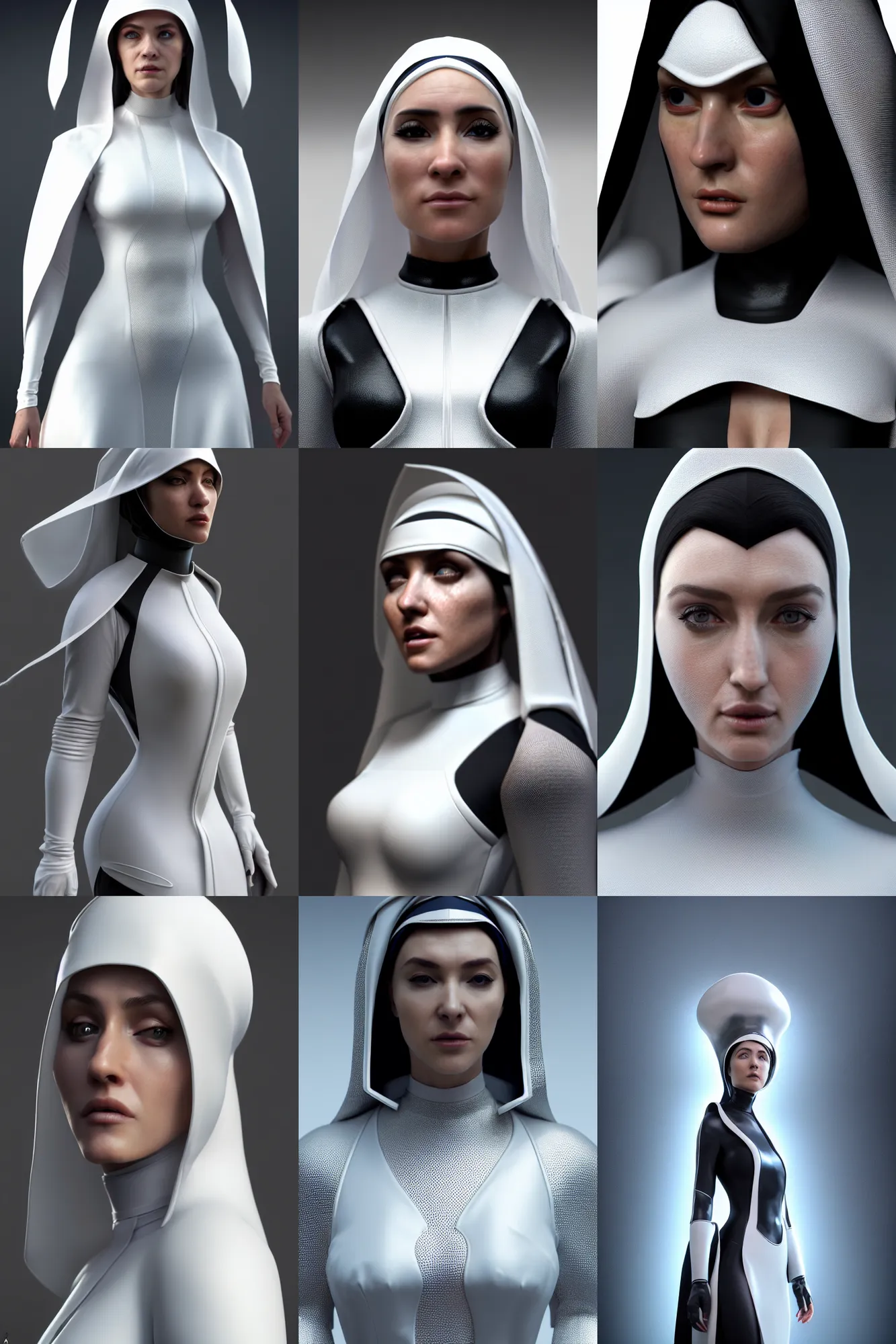 Prompt: hyper realistic portrait of a beautiful female character with futuristic and ultra detailed nun suit, dinamic pose, medium shot, half profile face. art by frederic arsenault and guillaume mahieu and brad rigney. 3 d, trending on artstation, intrincate hiperdetailed, 8 k, vray, octane render, cinematic lighting