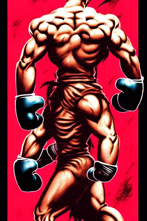 Image similar to extreme long shot. 8 bit nes graphics. antropomorphic muscular masculine wolf. kickboxer fighter, in shorts. wolf head. angry. fine details, very sharp, art from nes game cartridge, 8 0's, vhs artefacts, vaporwave style, marc simonetti and hermann nitsch and anish kapoor.