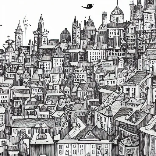 Prompt: a black and white drawing of a city, a storybook illustration by mattias adolfsson, behance contest winner, modern european ink painting, matte drawing, storybook illustration, panoramic, cityscape, minimalist