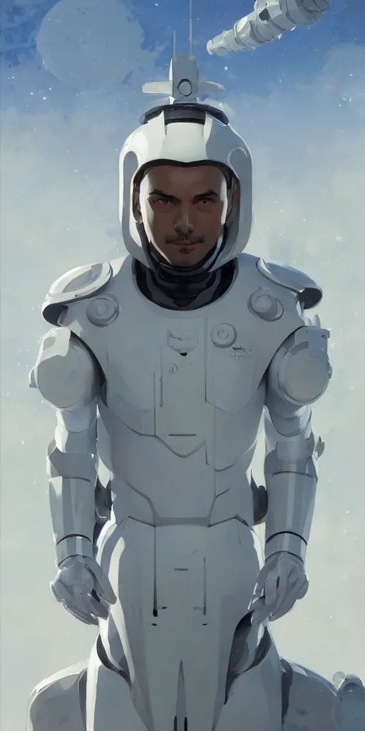 Prompt: a man with a futuristic white space armor, in the style of studio ghibli, j. c. leyendecker, greg rutkowski, artem