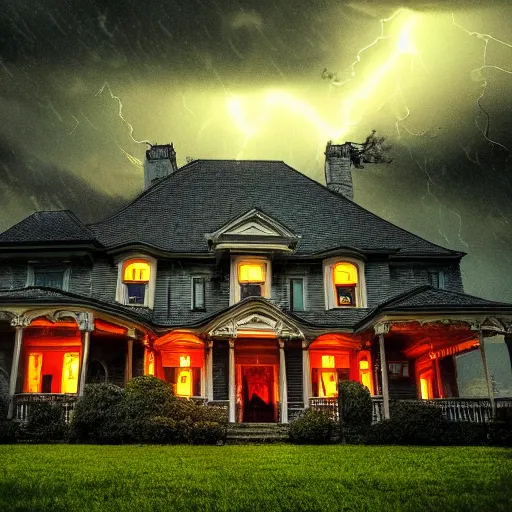Prompt: a real photo of a horror mansion, in a lighting storm, portrait, 4 k, 8 0 mm, higly detailed, cinematic,