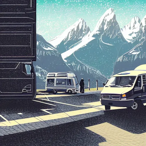 Prompt: a cyberpunk illustration of the view at grand teton national park with a white ford transit van in the background, digital art