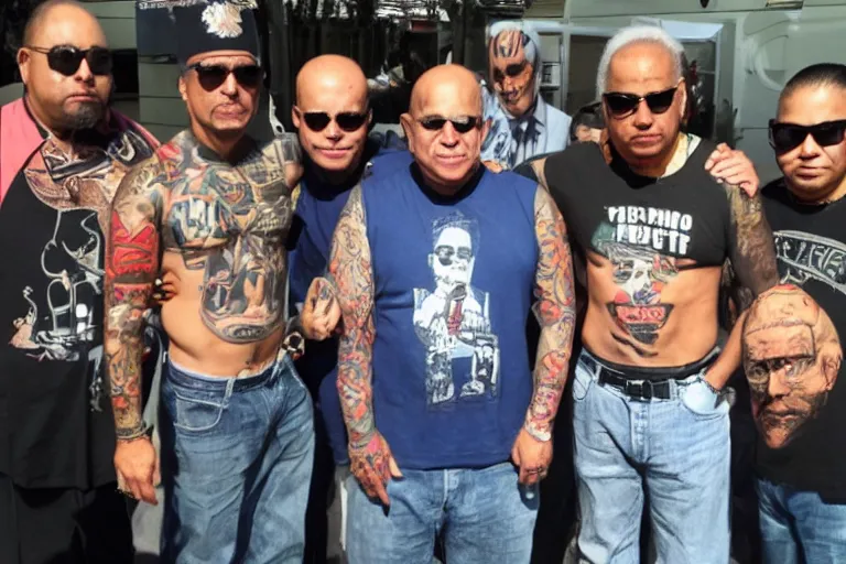 Image similar to biden, tatoos, latino, thug life, high quality, standing in front of lowrider