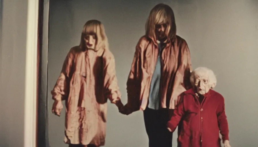 Image similar to 7 0 s film still from a horror movie with small child and elderly adult holding hands inside of a liminal space, back room, kodachrome, cinecolor, cinestill, photorealism, cinematic, film grain, film texture, vhs recording