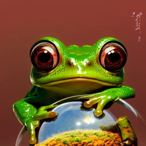 Prompt: eye - level shot of a cute frog sitting on a giant glass sphere, concept art, by esao andrews, by m. w. kaluta, by pixar, volumetric light, rich colors, very humorous!!!, realistic reflections, smooth, depth perception, tilt shift, 4 k, unreal engine 5, artstation
