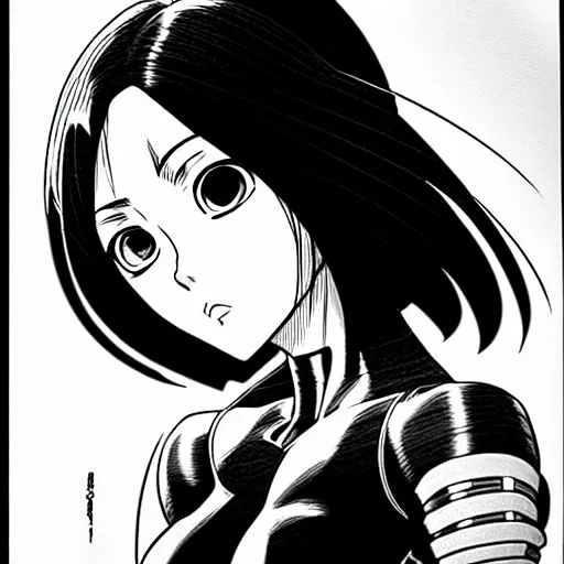 Prompt: alita by yukito kishiro. medium shot. black and white manga. pencil drawing. high detailed face