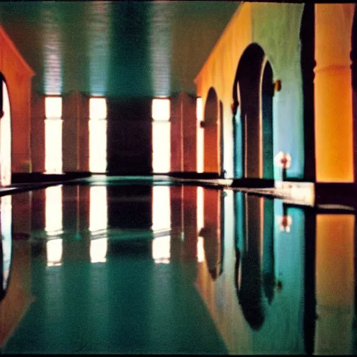 Prompt: Beautiful colored-photo cameraphone 2005 soft liminal Photograph of an infinite dark hallway pool