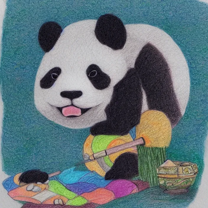 Image similar to isometric color pencil of a panda, i'm the style of spirited away