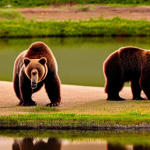 Prompt: a brown bears sees it's reflection in the lake ( eos 5 ds r, iso 1 0 0, f / 8, 1 / 1 2 5, 8 4 mm, postprocessed, crisp bokeh )