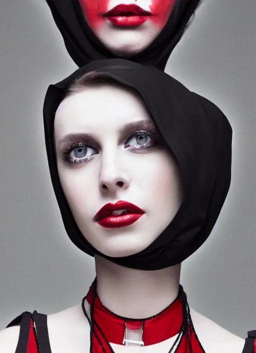 Image similar to closeup portrait of a young gothic nun with bright red lipstick, depth of field, zeiss lens, detailed, symmetrical, centered, fashion photoshoot, by Annie Leibovitz and Steve McCurry, David Lazar, Jimmy Nelsson, Breathtaking, 8k resolution, extremely detailed, beautiful, establishing shot, artistic, hyperrealistic, beautiful face, octane render