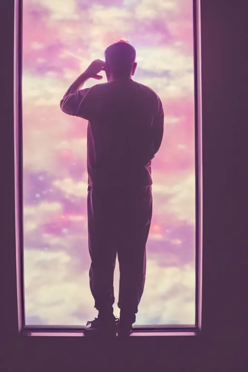 Image similar to agfa vista 4 0 0 photograph of a guy in a spaceship looking out a window into space, back view, synth vibe, vaporwave colors, lens flare, moody lighting, moody vibe, telephoto, 9 0 s vibe, blurry background, grain, tranquil, calm, faded!,