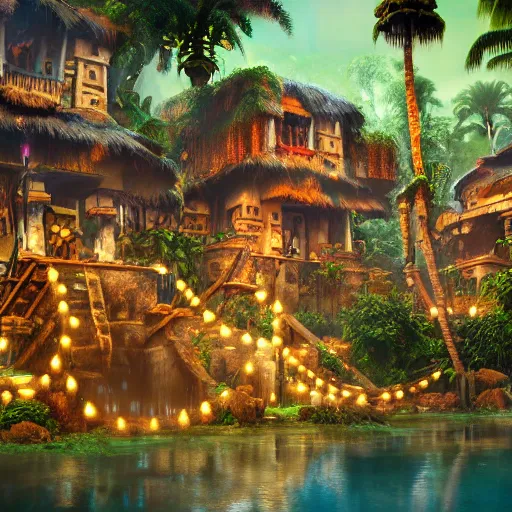 Image similar to aztec jungle village, ornate, beautiful, atmosphere, mist, vibe, smoke, beautiful, rain, reflection, pristine, puddles, waterfall, melting, dripping, wild look, mattepainting concept blizzard pixar maya engine splash comics global illumination lighting artstation, sharp focus, norman rockwell