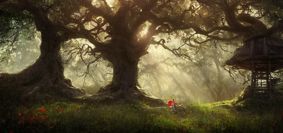 Image similar to Kid with red radioflyer standing in front of beautiful tree house in an old oak tree on a beautiful meadow with flowers, dramatic lighting, cinematic, establishing shot, extremly high detail, photo realistic, cinematic lighting, post processed, concept art, artstation, matte painting, style by eddie mendoza, raphael lacoste, alex ross