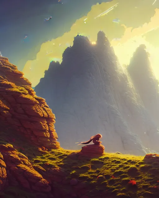 Image similar to highly detailed rock crumbles, stephen bliss, unreal engine, greg rutkowski, loish, rhads, beeple, makoto shinkai and lois van baarle, ilya kuvshinov, rossdraws, tom bagshaw, alphonse mucha, global illumination, god rays, detailed and intricate environment