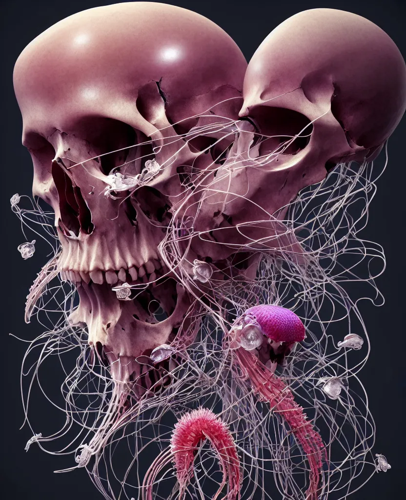 Image similar to composition of human skulls, animals skulls, bones, rib-cage. jellyfish phoenix head, nautilus, orchid, skull, betta fish, bioluminiscent creatures, intricate artwork by Tooth Wu and wlop and beeple. octane render, trending on artstation, greg rutkowski very coherent symmetrical artwork. cinematic, hyper realism, high detail, octane render, 8k