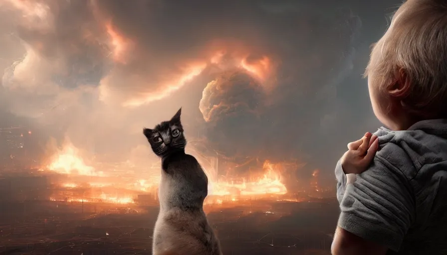 Image similar to a beautiful award-winning photo of a cyborg holding a small cat in his hands, serene post-nuclear background, a huge nuclear cloud, intricate details, numerous fires, volumetric lighting, haze, very high quality, extremely detailed, subtle visual noise, unreal engine 5, hyperrealistic, 8K