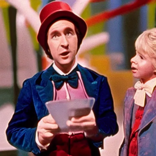 Image similar to a film still of paul!!!! rudd!!!! in the 1 9 7 1 movie willy wonka and the chocolate factory