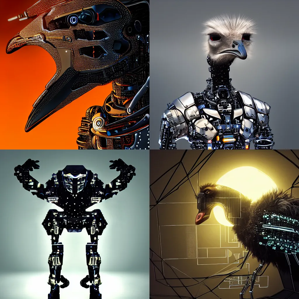 Prompt: portrait of an ostrich wearing futuristic cybernetic battle armour, dramatic lighting, realistic reflections